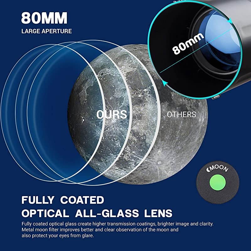 Telescopes for Adults Kids Astronomy Beginners 80mm Astronomical Telescopes with 10X Phone Mount Refractor Telescope Tripod and Carrying Bag ErectImage Travel Telescope with Moon Filter