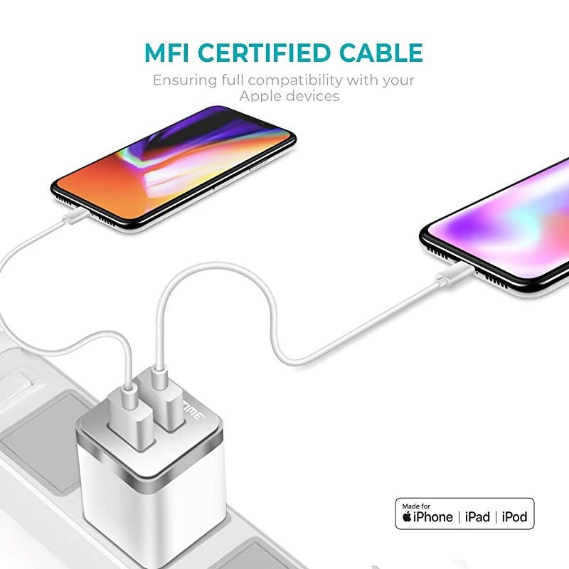 iPhone Charger,  Apple MFi Certified 4ft Lightning USB Cable with Dual Port Wall & Car Charger Adapter for iPhone 11 Pro Max X Xs XR 8 7 6s 5 SE, iPad Pro Air Mini - White