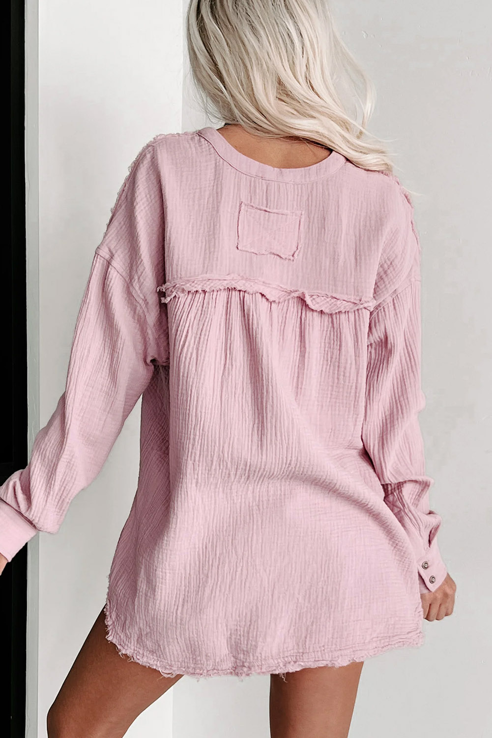 Pink Gauze Raw Hem Long Sleeve Henley Top