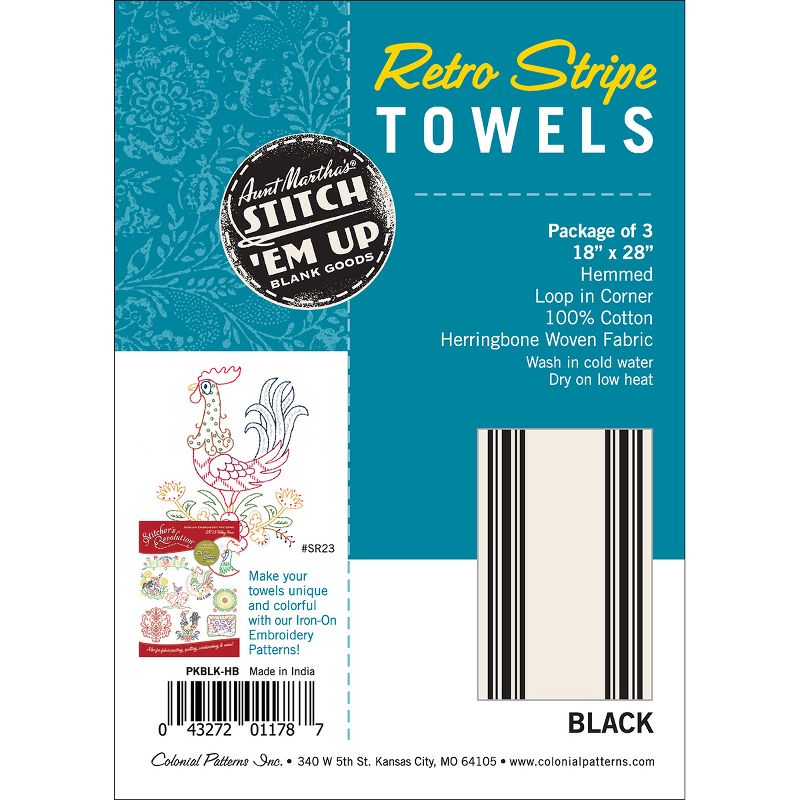 Aunt Martha's Stitch 'Em Up Retro Stripe Towels 18"X28" 3/Pk-Black Stripe