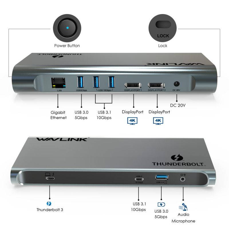 Wavlink 8K Dual DisplayPort Thunderbolt 3 Docking Station with 60W Upstream Charging, Dual DisplayPort 1.4, 3 x USB 3.1(10Gbps), 2 x USB 3.0(5Gbps), Gigabit Ethernet, Audio, for Mac & Windows