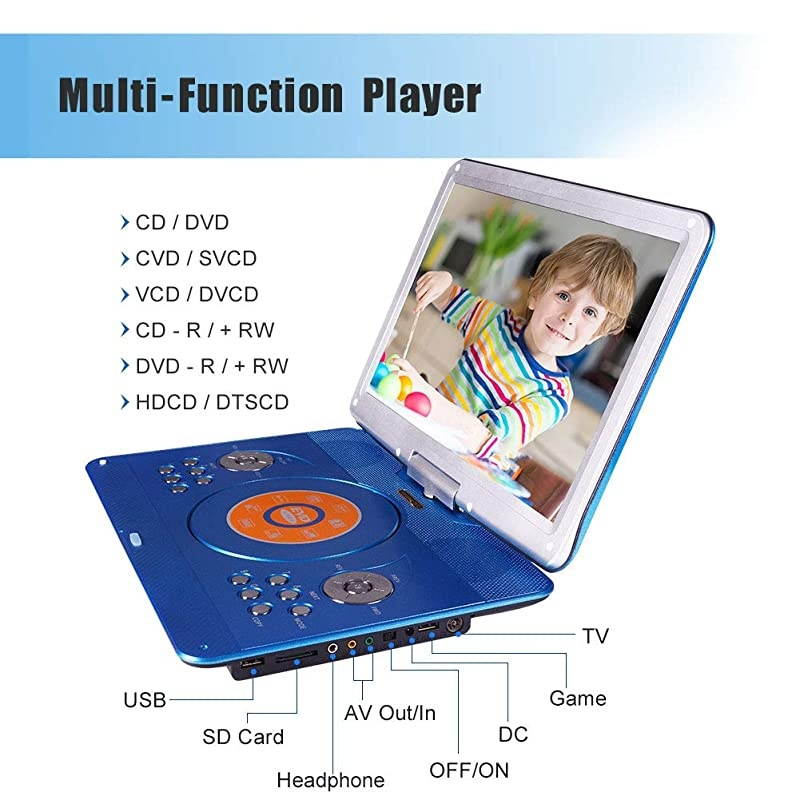 Portable DVD Player with 14.1" Large Swivel Screen, Car DVD Player Portable with 5 Hrs Rechargeable Battery, Mobile DVD Player for Kids, Sync TV, Support USB SD Card with Car Charger (Blue)