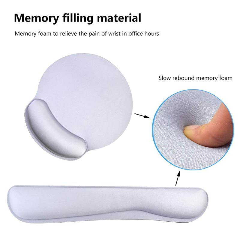 Wrist Rest Pad Mouse Pad Memory Foam Rest Pads Sets for Comfortable Typing Wrist Pain Relief AntiSlip Rubber Base Gray