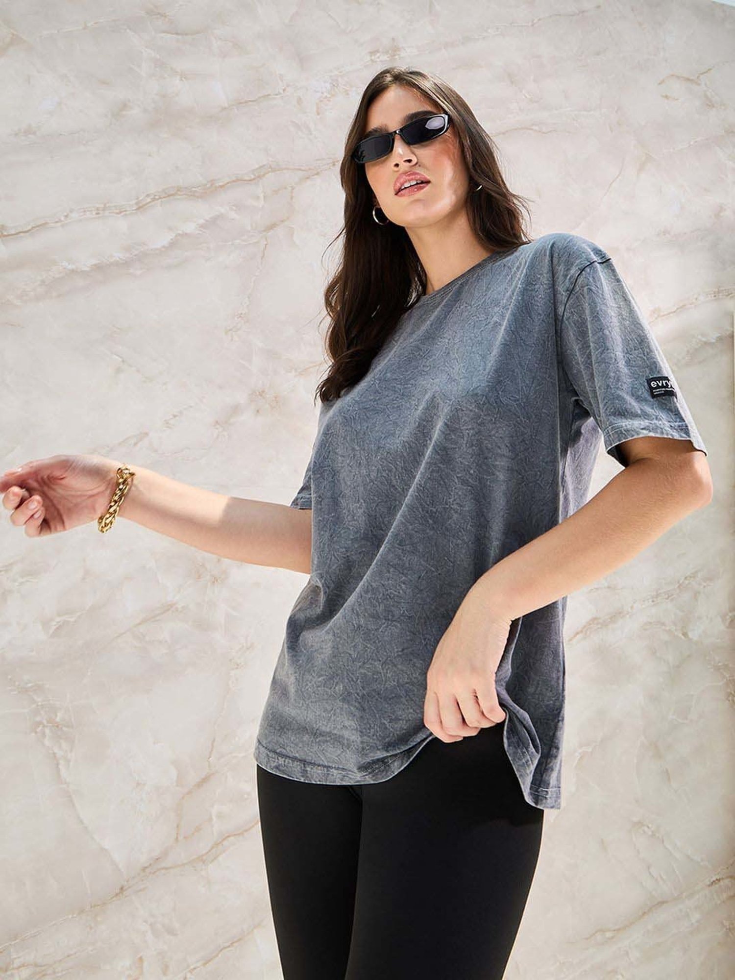 Styli Grey Cotton Textured Oversized T-Shirt