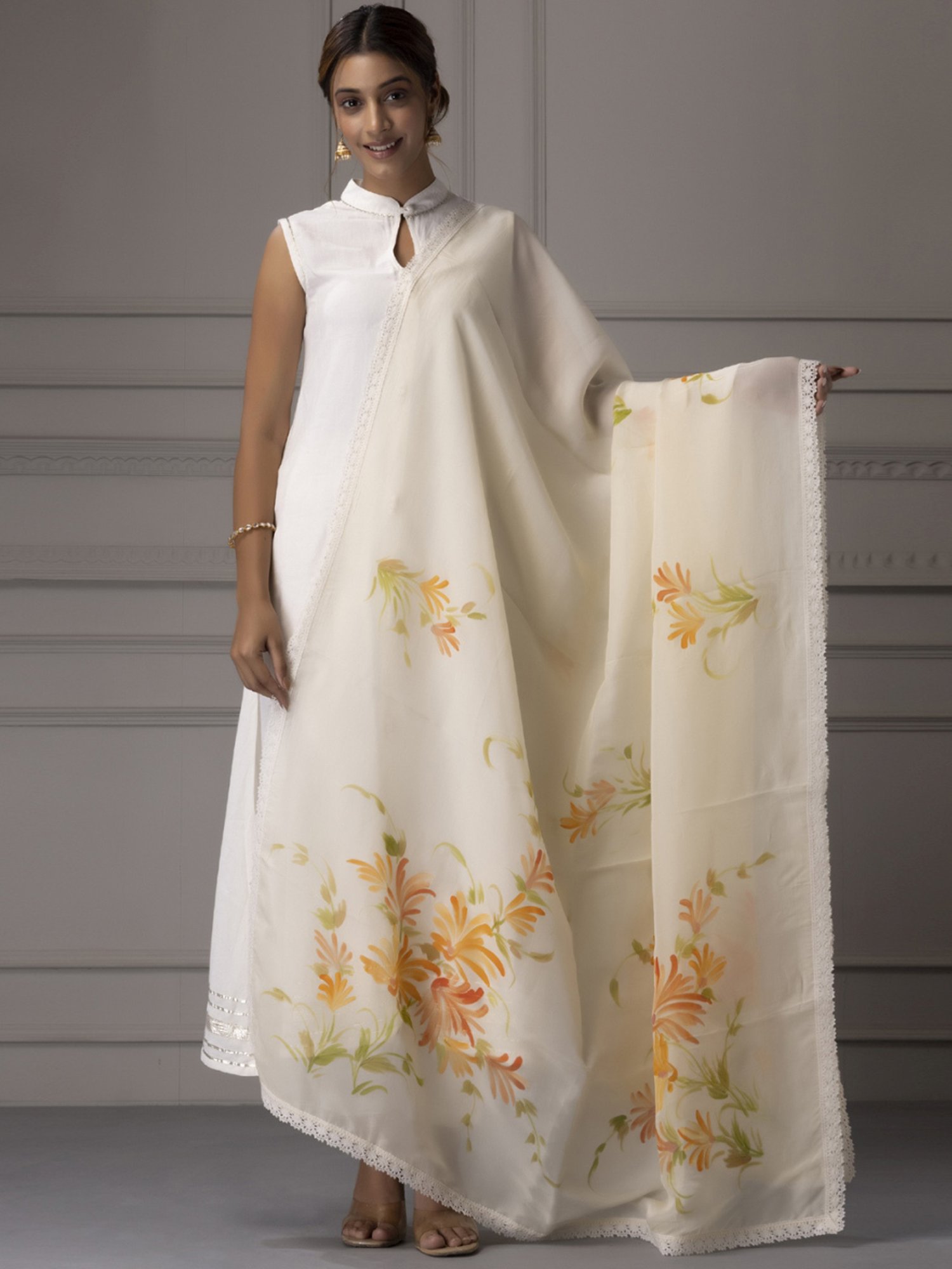 Geroo Jaipur Beige Hand Painted Organza Dupatta With Crochet Lace