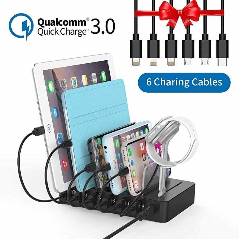 Fastest Charging Station with Quick Charge 3.0,  6 Ports Charging Dock Station Organizer for Multiple Devices, iWatch Stand, 6 Phone Charger Cables, for Smartphone, Tablet, Kindle [UL Listed]