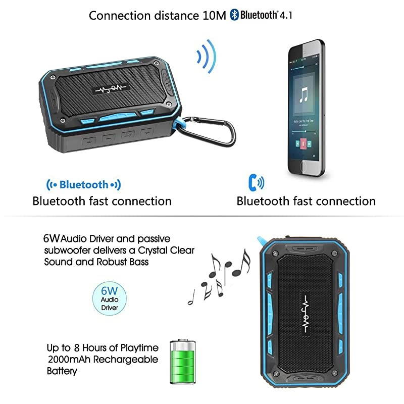 Outdoor Wireless Bluetooth 4.2 Speaker Rechargable 2200mAh Waterproof Dustproof Shockproof 10W Enhanced Bass with TWS Pairing Function for Beach, Shower & Home