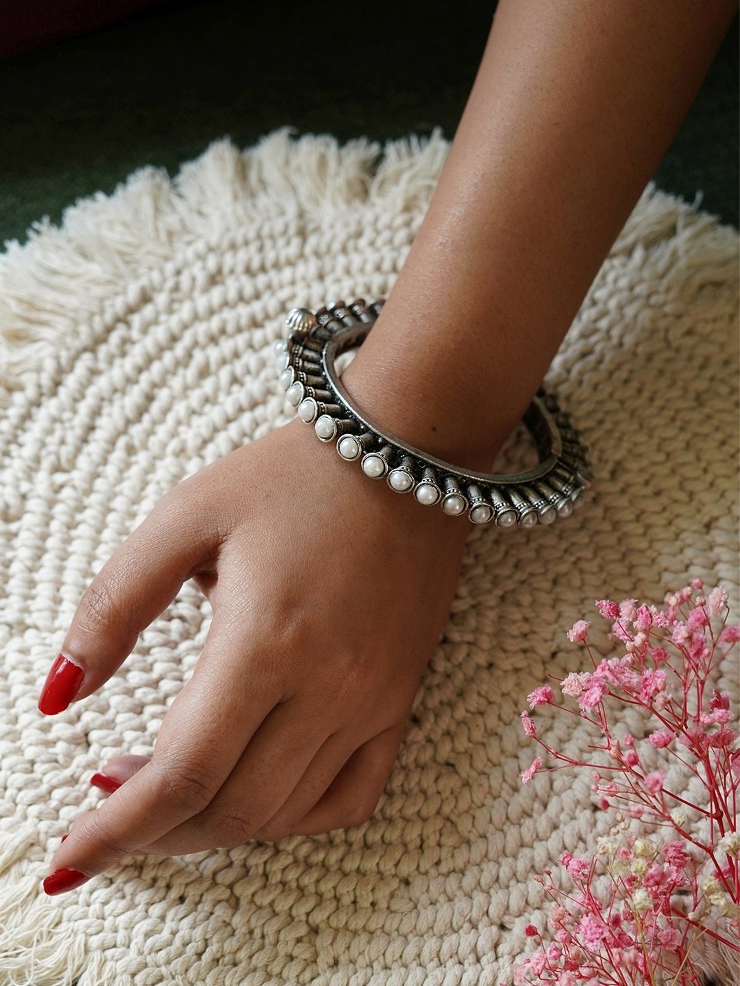 Teejh Ethnic  Naaz Pearl Silver Oxidized Bangle for Women