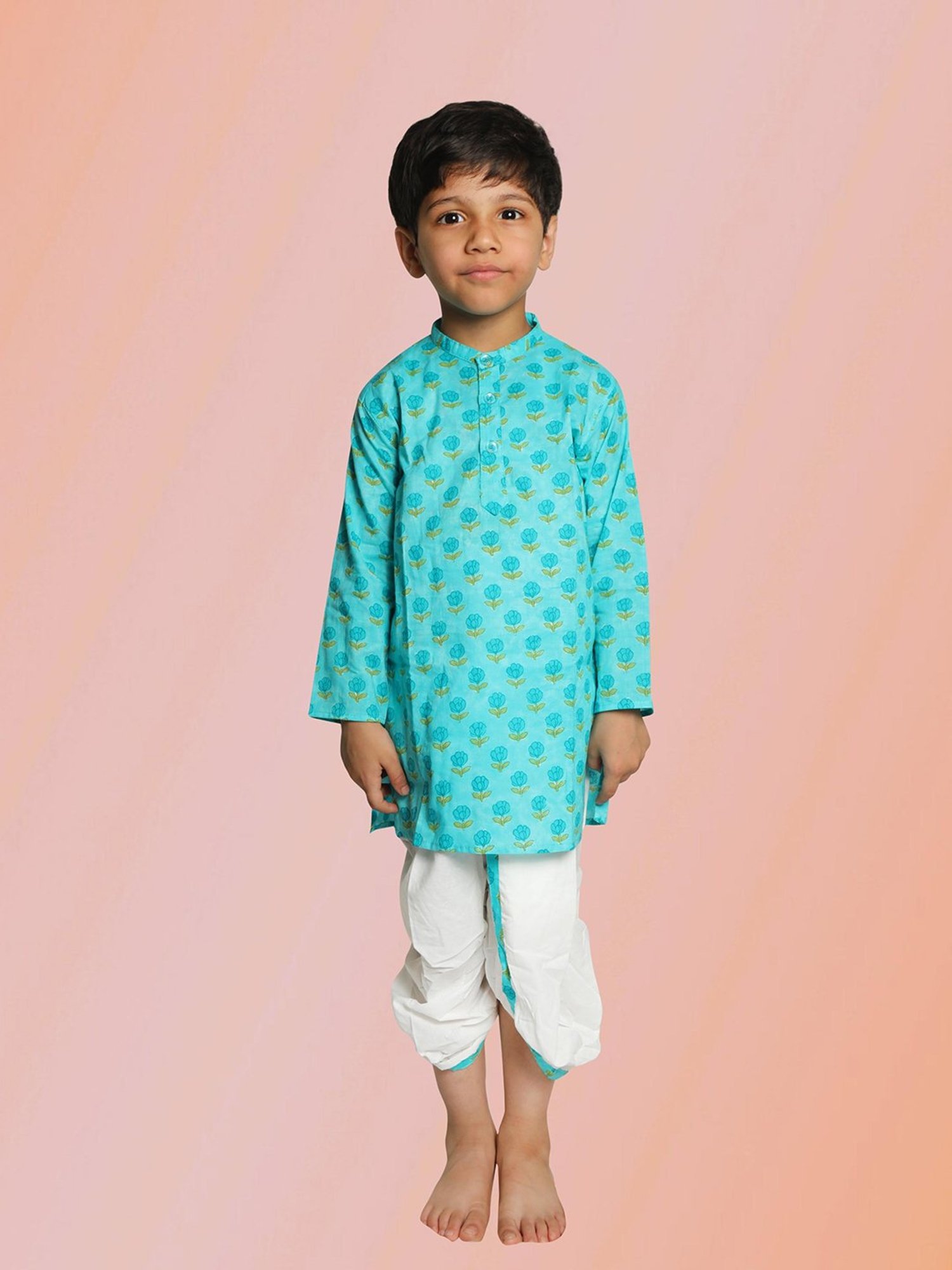 Tippy Top Kids Mint Green & White Printed Full Sleeves Kurta with Dhoti