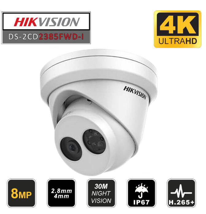 Hikvision 8MP 4K PoE Security IP Camera - DS-2CD2385FWD-I UltraHD 8MP Turret Onvif IR Night Vision Weatherproof WideAngle 4mm Lens Best Home Business Security 3Year Warranty, 1-Pack