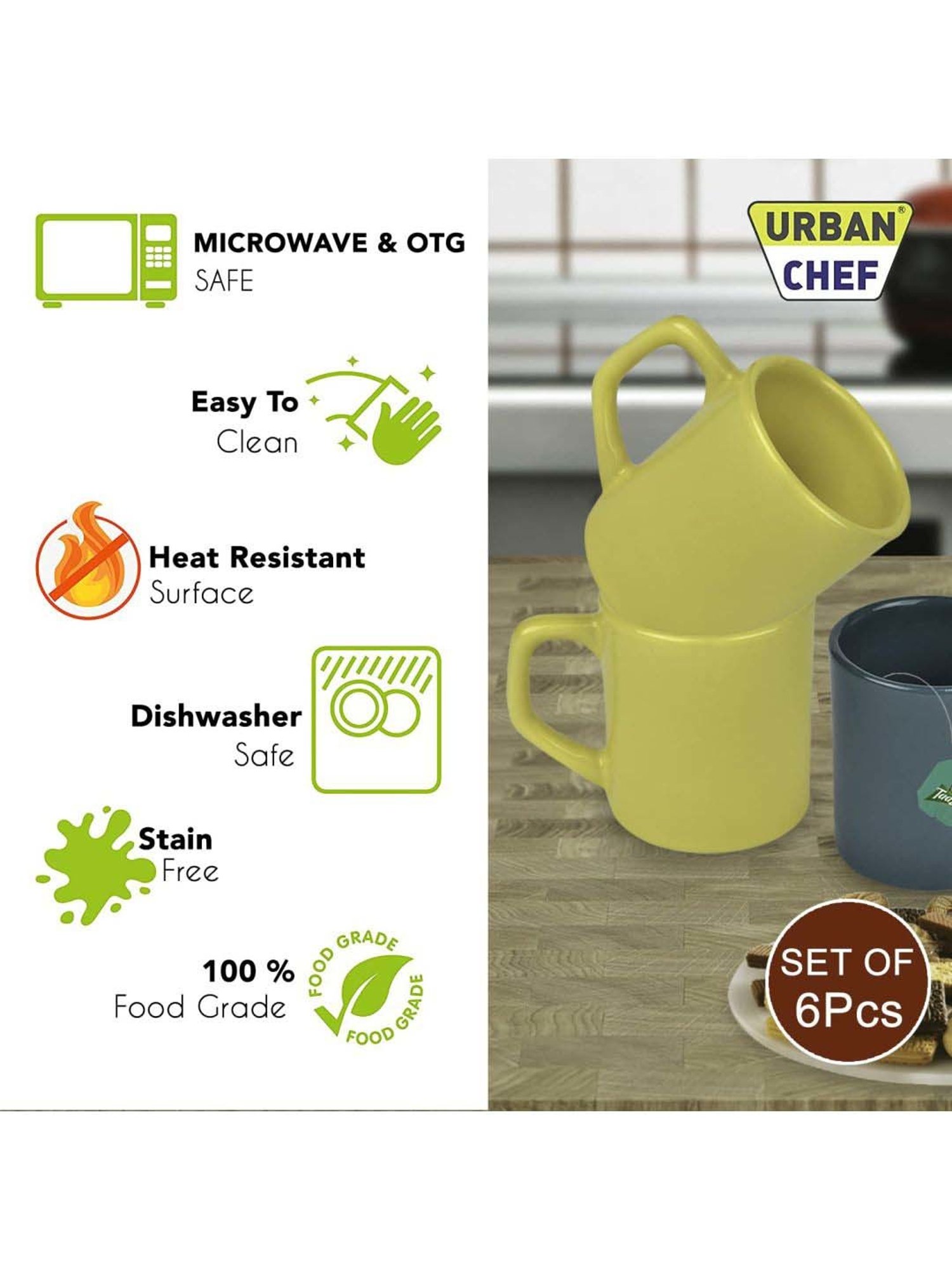 Urban Chef Yellow & Dark Green Ceramic Droite Handcrafted Microwave Safe Cup - Set of 6