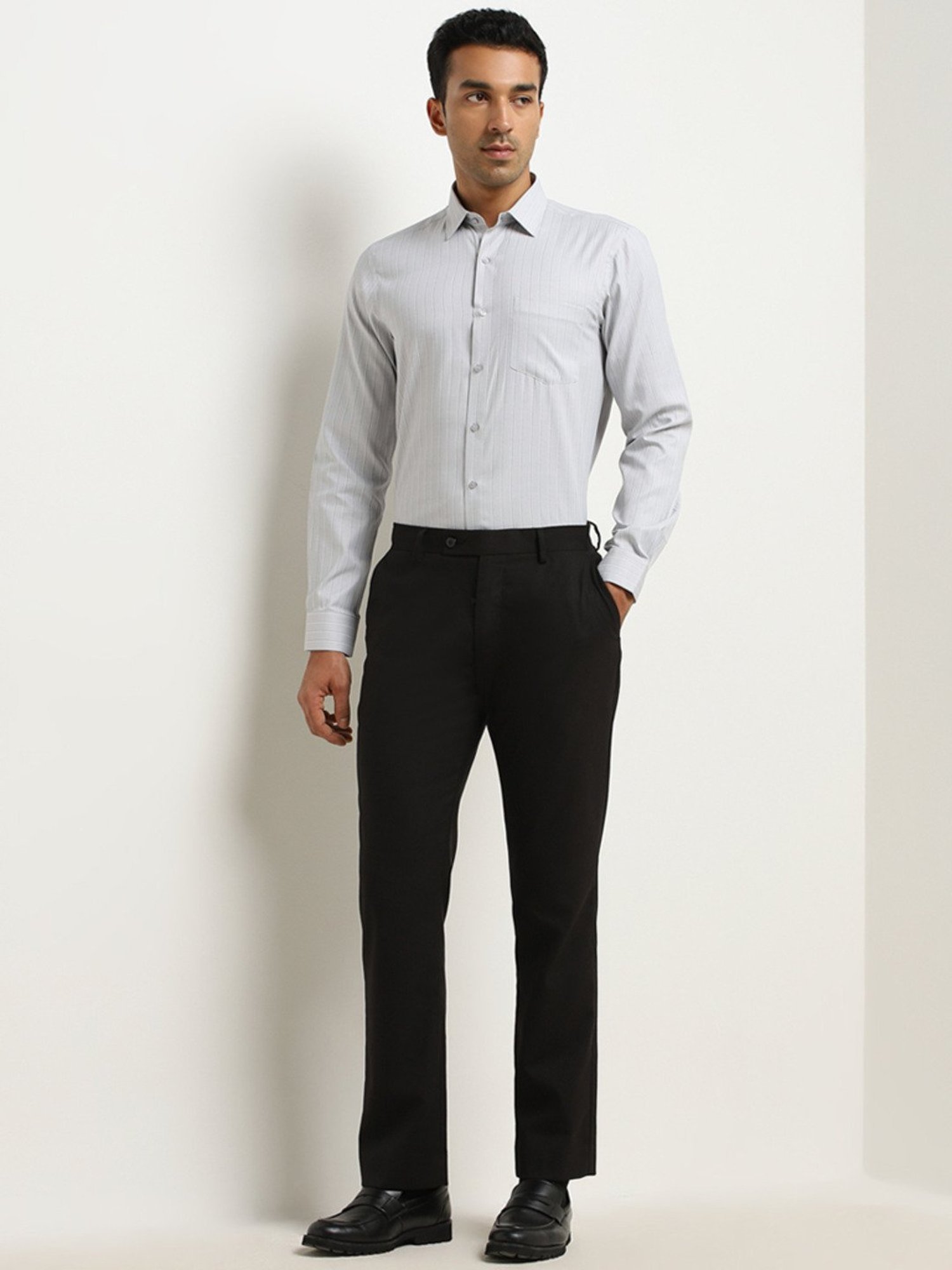 WES Formals by Westside Grey Pinstripe Design Slim-Fit Shirt