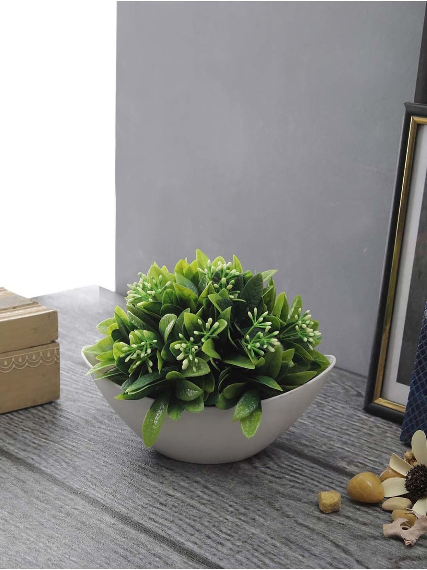 Foliyaj Green & White Plastic Artificial Plant With Leaves And Flowers