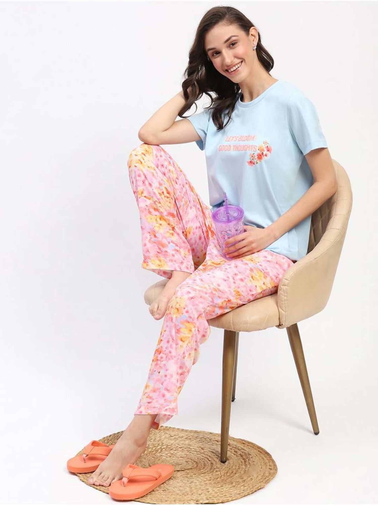 MADAME M Secret Blue & Pink Printed T-Shirt Pyjamas Set