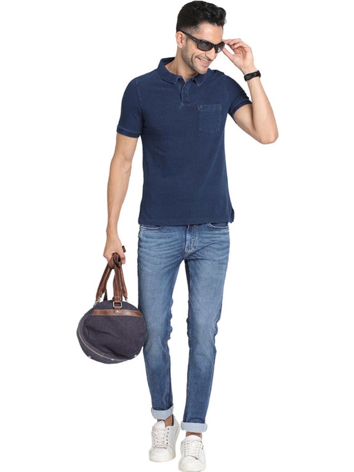 Turtle Navy Cotton Slim Fit Polo T-Shirts