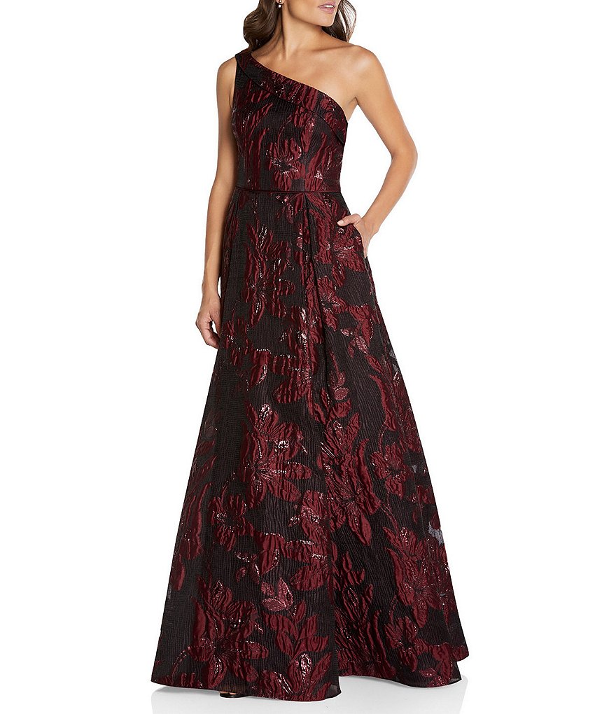 Aidan Mattox One-Shoulder Sleeveless Jacquard Long Ball Gown