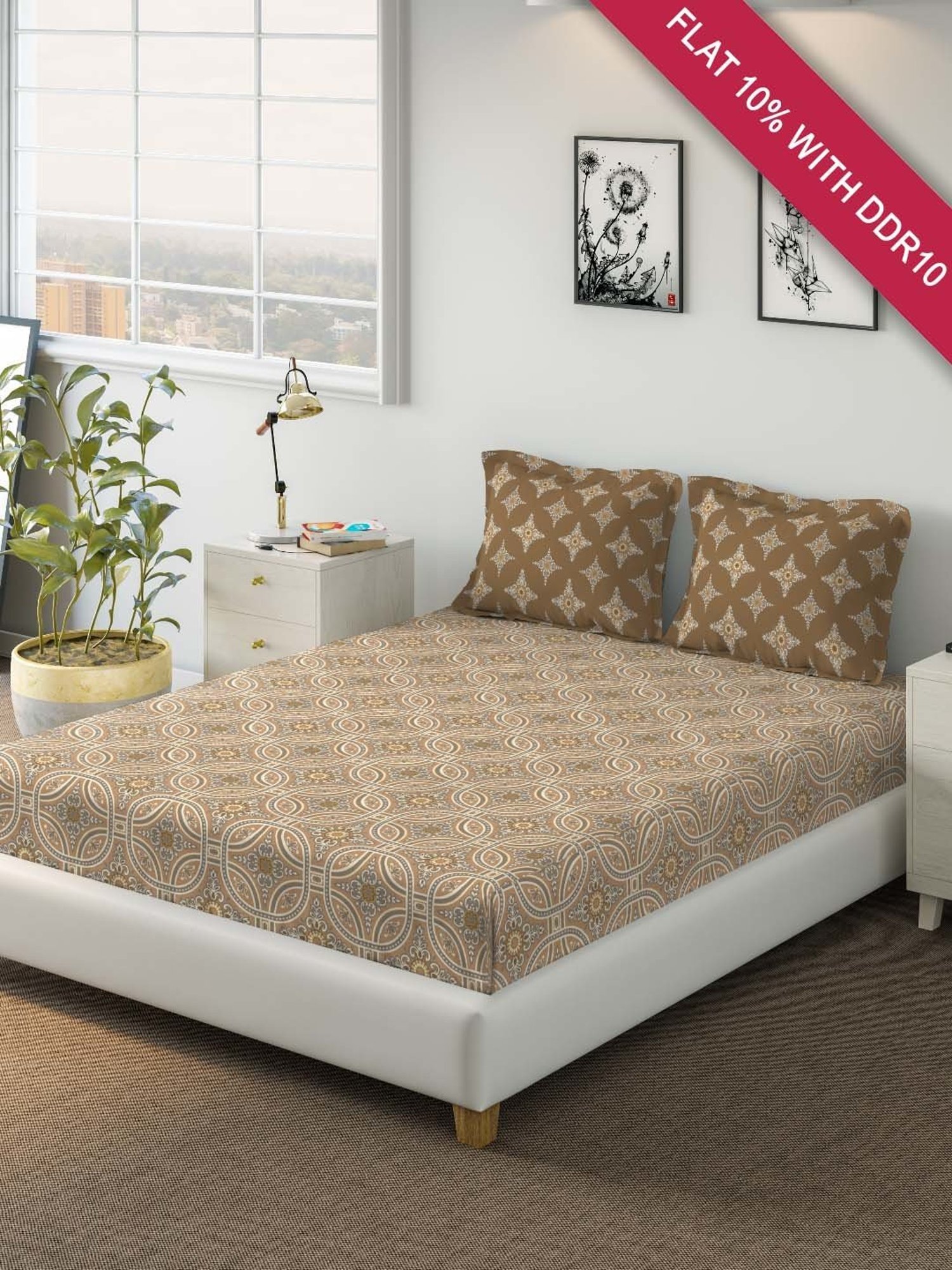 DDecor Floral Brown 136 TC Cotton Double Bedsheet with 2 Pillow Covers