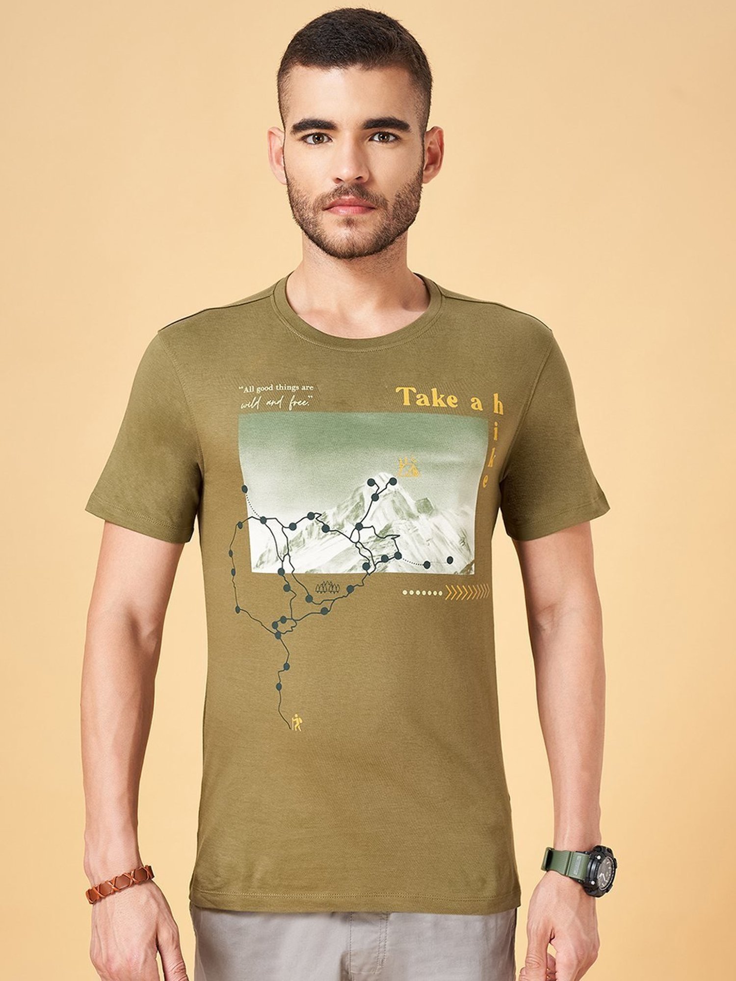 Urban Ranger by Pantaloons Light Olive Cotton Slim Fit Printed T-Shirt
