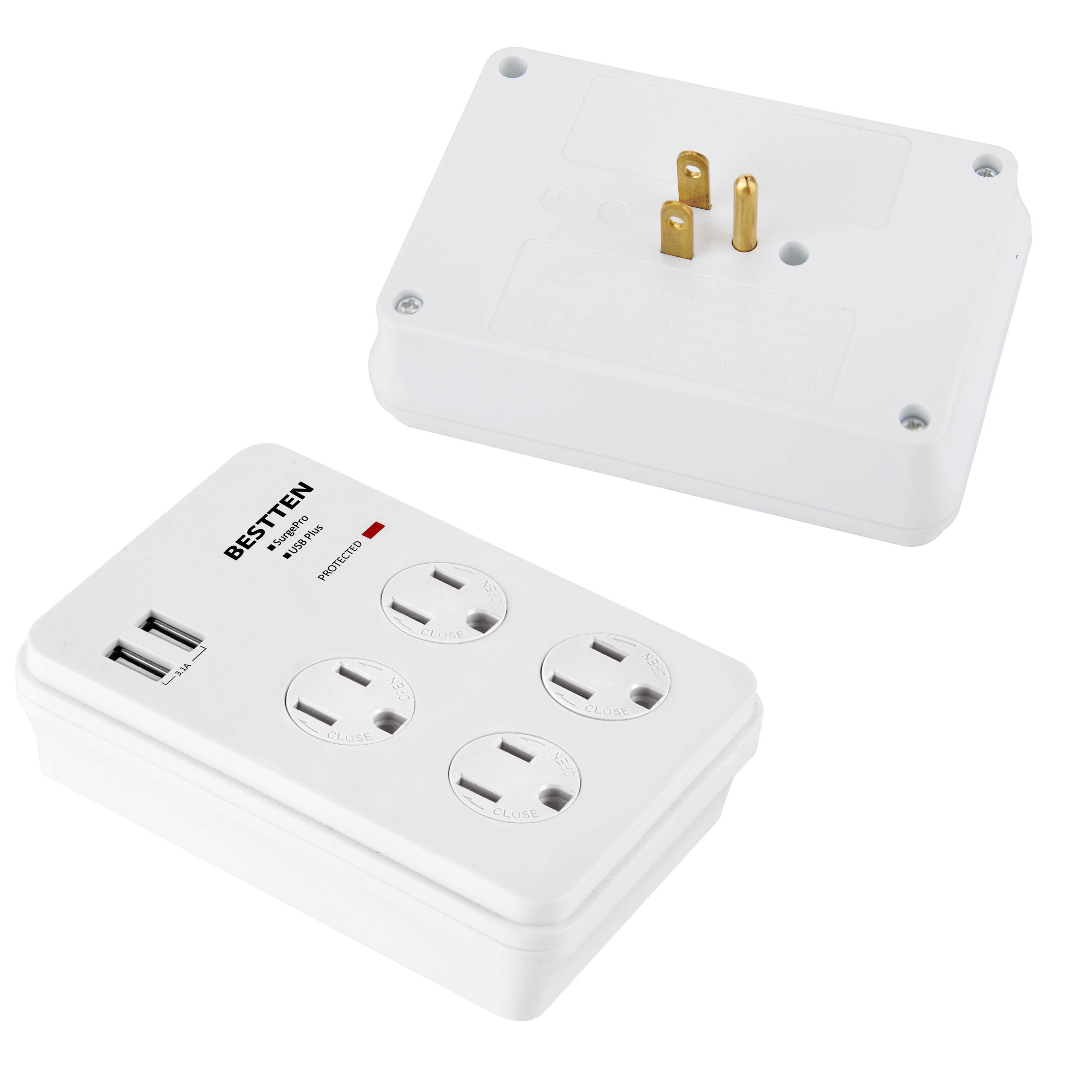 BESTTEN Slim Multi Wall Tap Outlet Adapter Surge Protector with 2 USB Charging Ports (2.4A/Port, 3.1A Total) and 4 Electrical Sockets, ETL Certified, White
