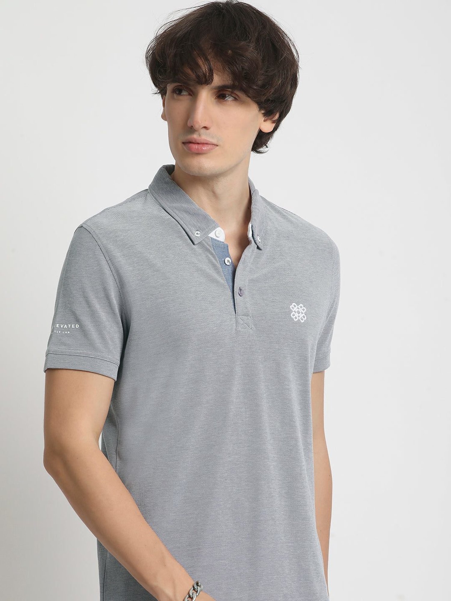 The Bear House Grey Cotton Regular Fit Self Pattern Polo T-Shirt
