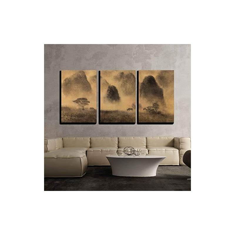3 Piece Canvas Wall Art Yellow Fog and Chinese Mountain Modern Home Art Stretched and Framed Ready to Hang 16x24x3 Panels
