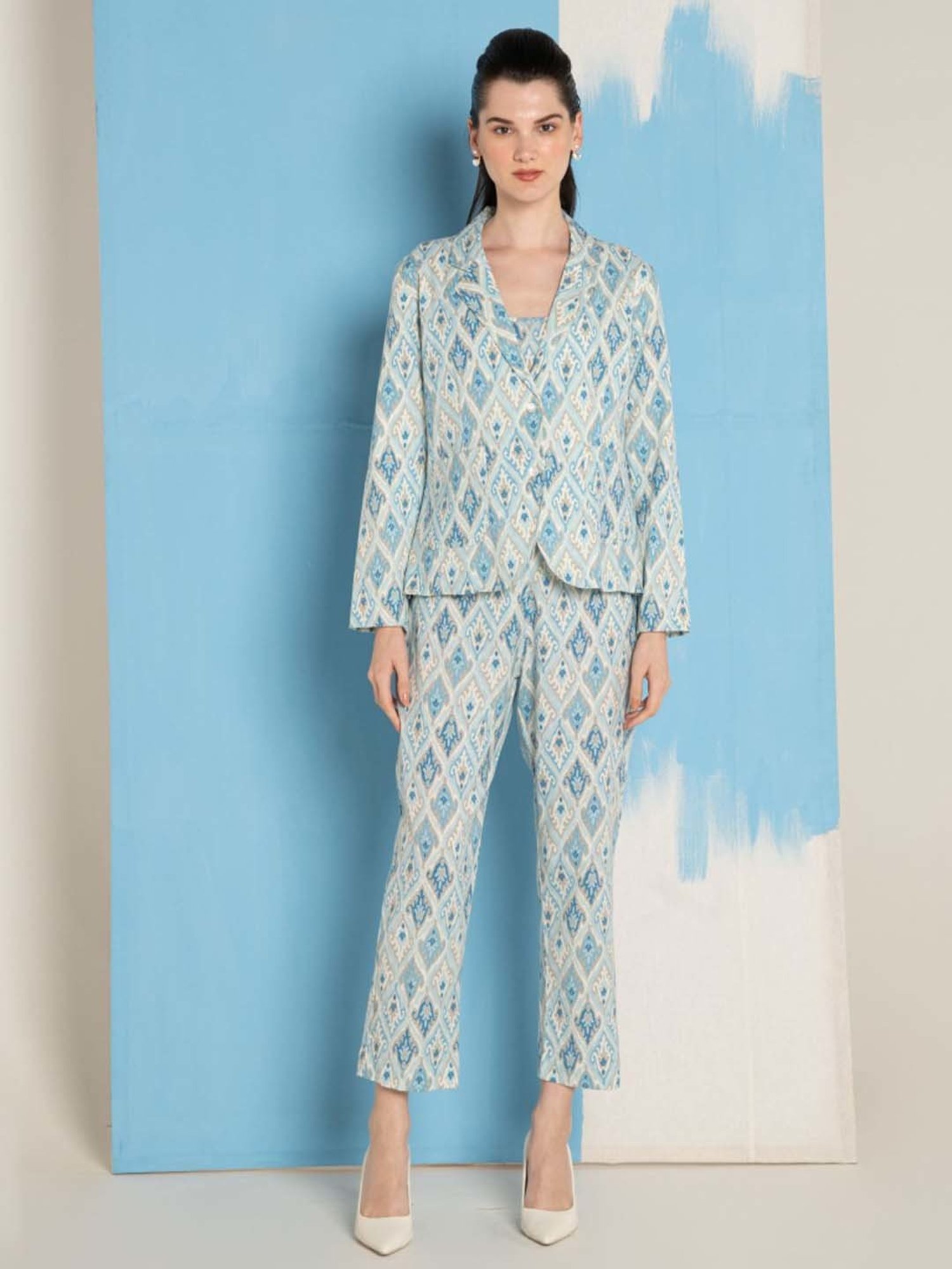 Ekohum Blue Cotton Flex Ikhat Print Coat with Cotton Flex Ikhat Print Pant Co-Ord Set