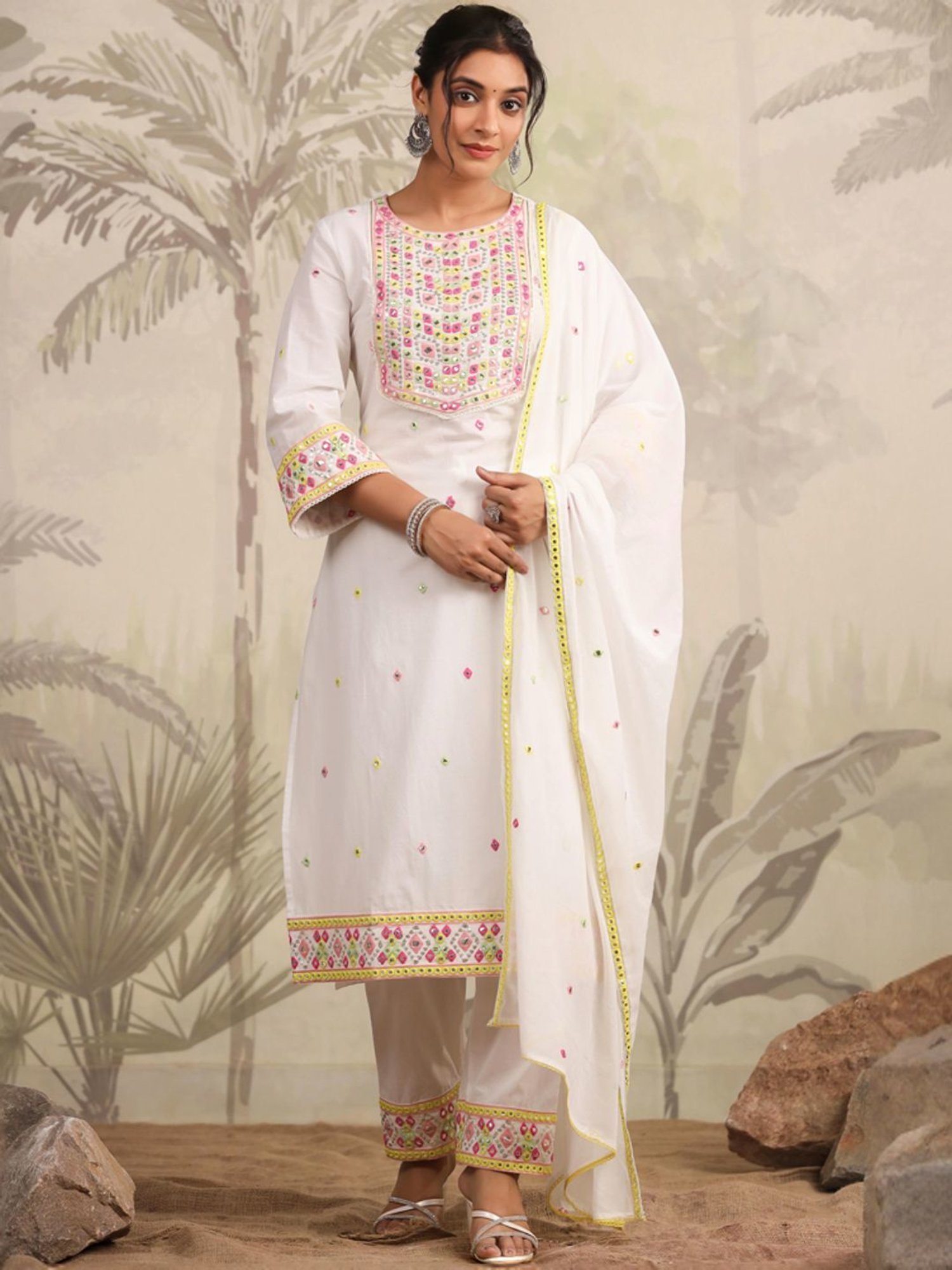 SCAKHI White Cotton Embroidered Kurta Pant Set With Dupatta