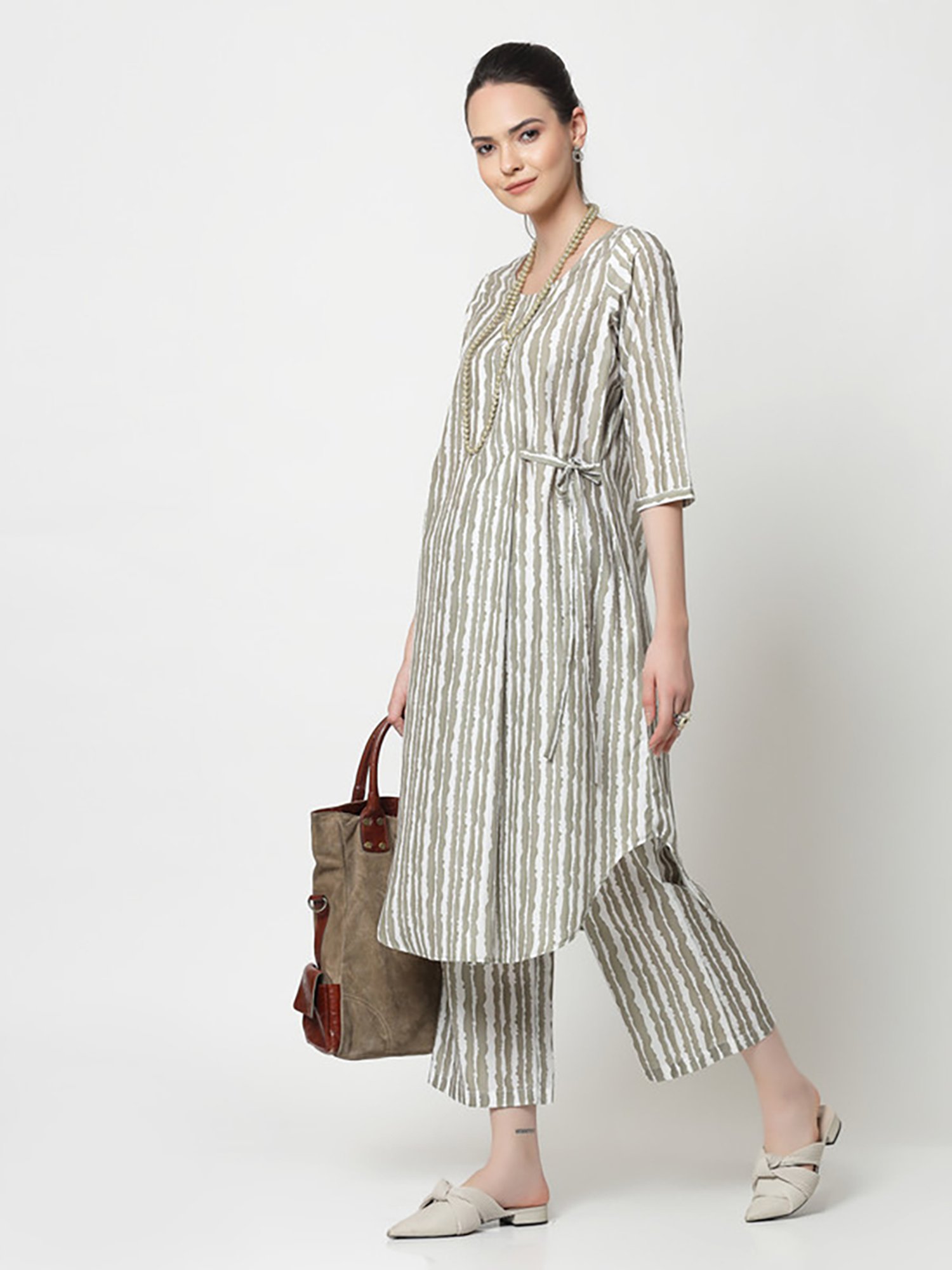 Office & You Olive Striped Regular Fit Mid Rise Palazzos