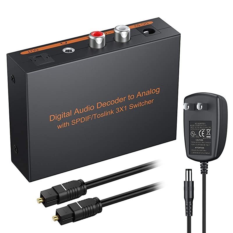 Digital to Analog Audio Decoder 3 Port Optical SPDIF Toslink to LR RCA 35mm Stereo Audio Toslink Optical Switcher Splitter with 65ft OD 40 Cable Power Adapter Support DTS AC3 20 LPCM