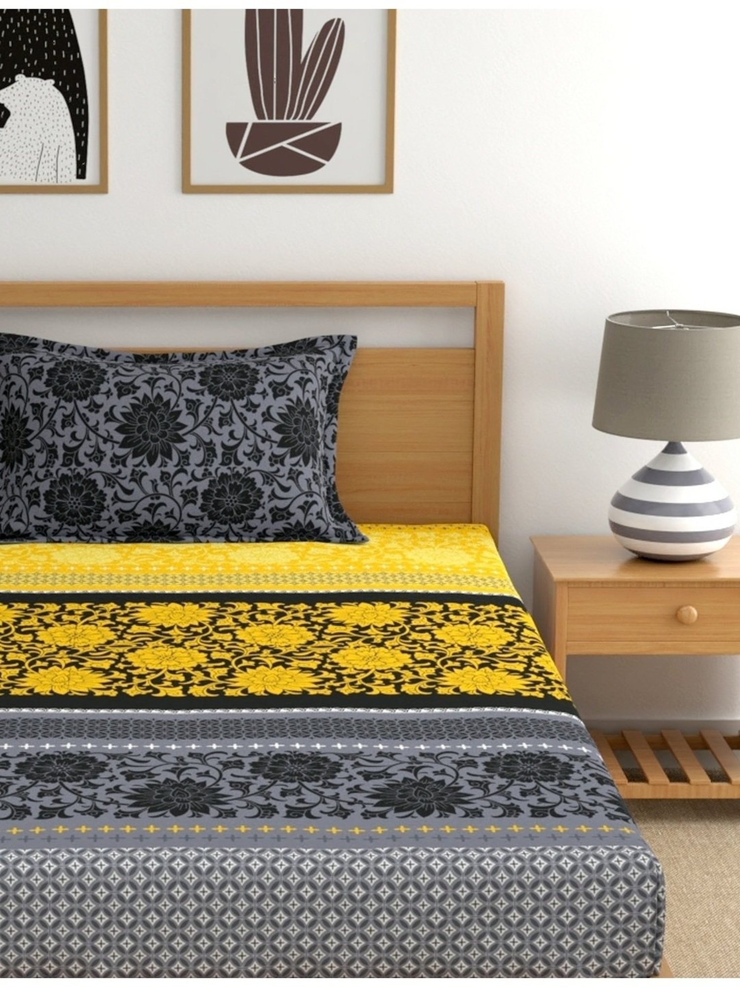 Dreamscape Floral Yellow 140 TC Cotton Single Bedsheet with Pillow Cover