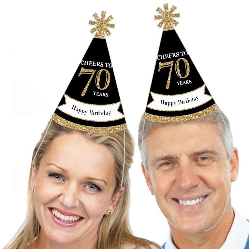 Big Dot of Happiness Adult 70th Birthday - Gold - Cone Birthday Party Hats for Kids and Adults - Set of 8 (Standard Size)