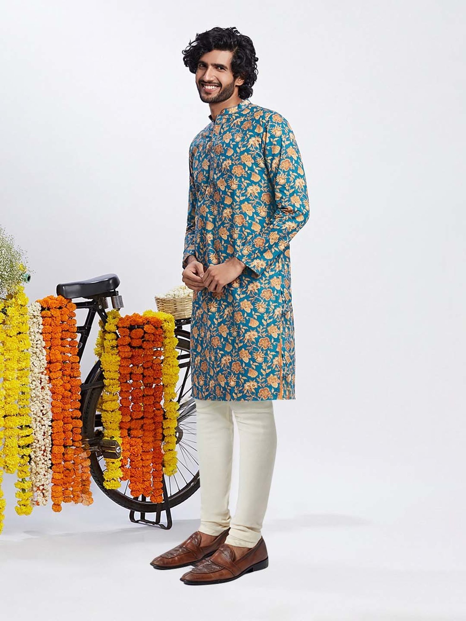 KISAH Blue & Cream Regular Fit Floral Print Kurta & Churidar Set