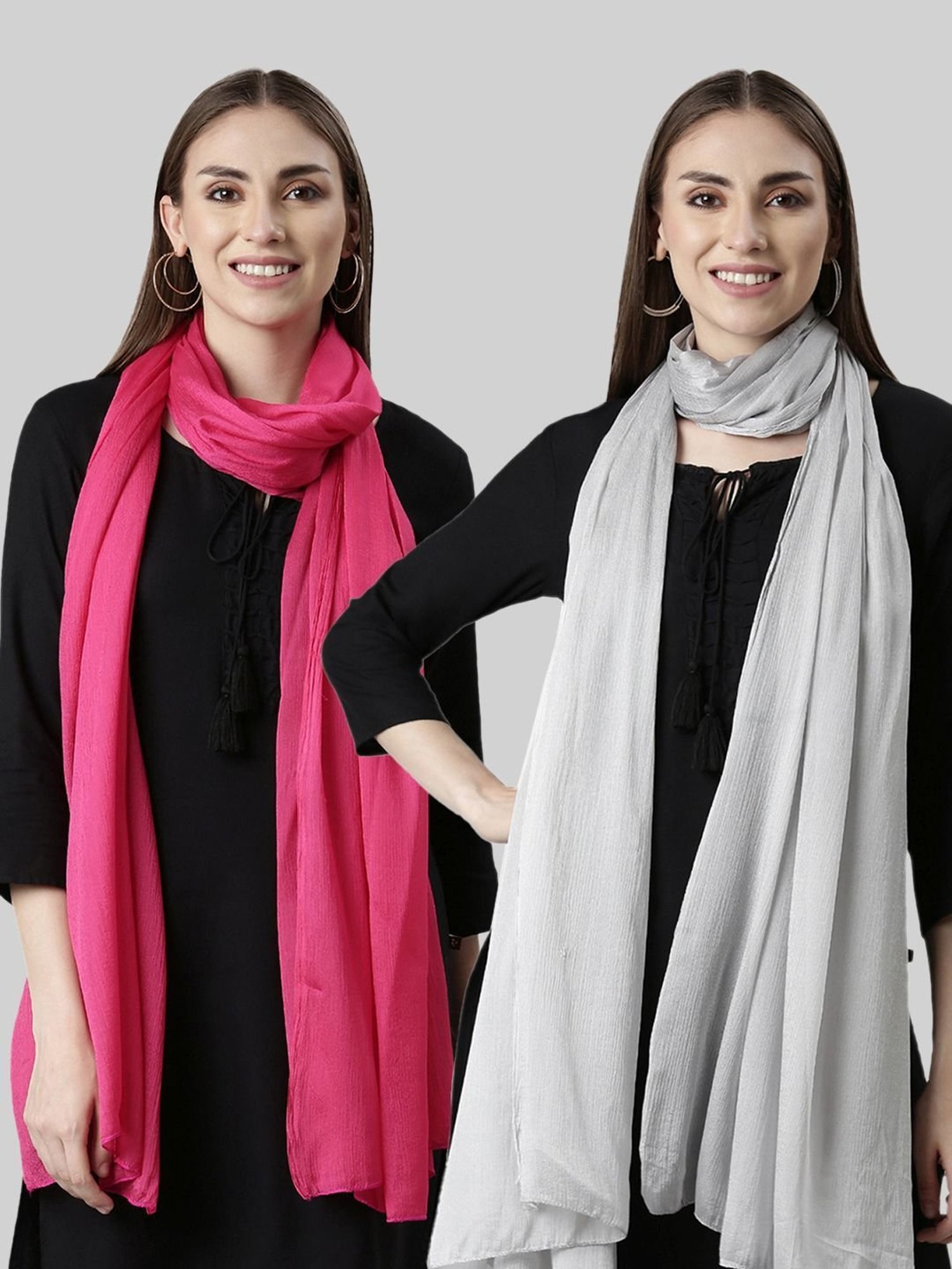 TWIN BIRDS Pink & Silver Plain Dupatta - Pack Of 2