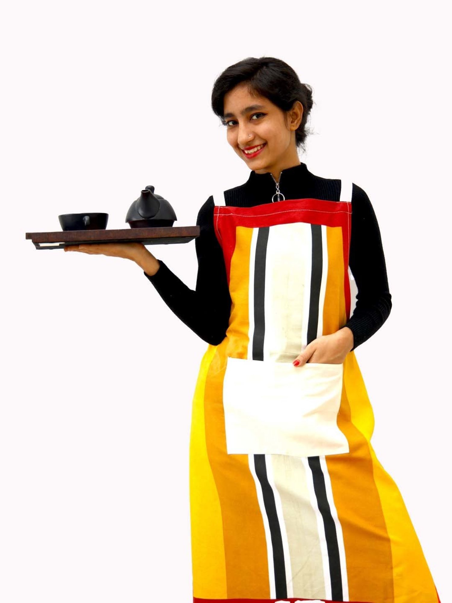 Ariana Yellow & White Cotton Kitchen Apron with Pocket
