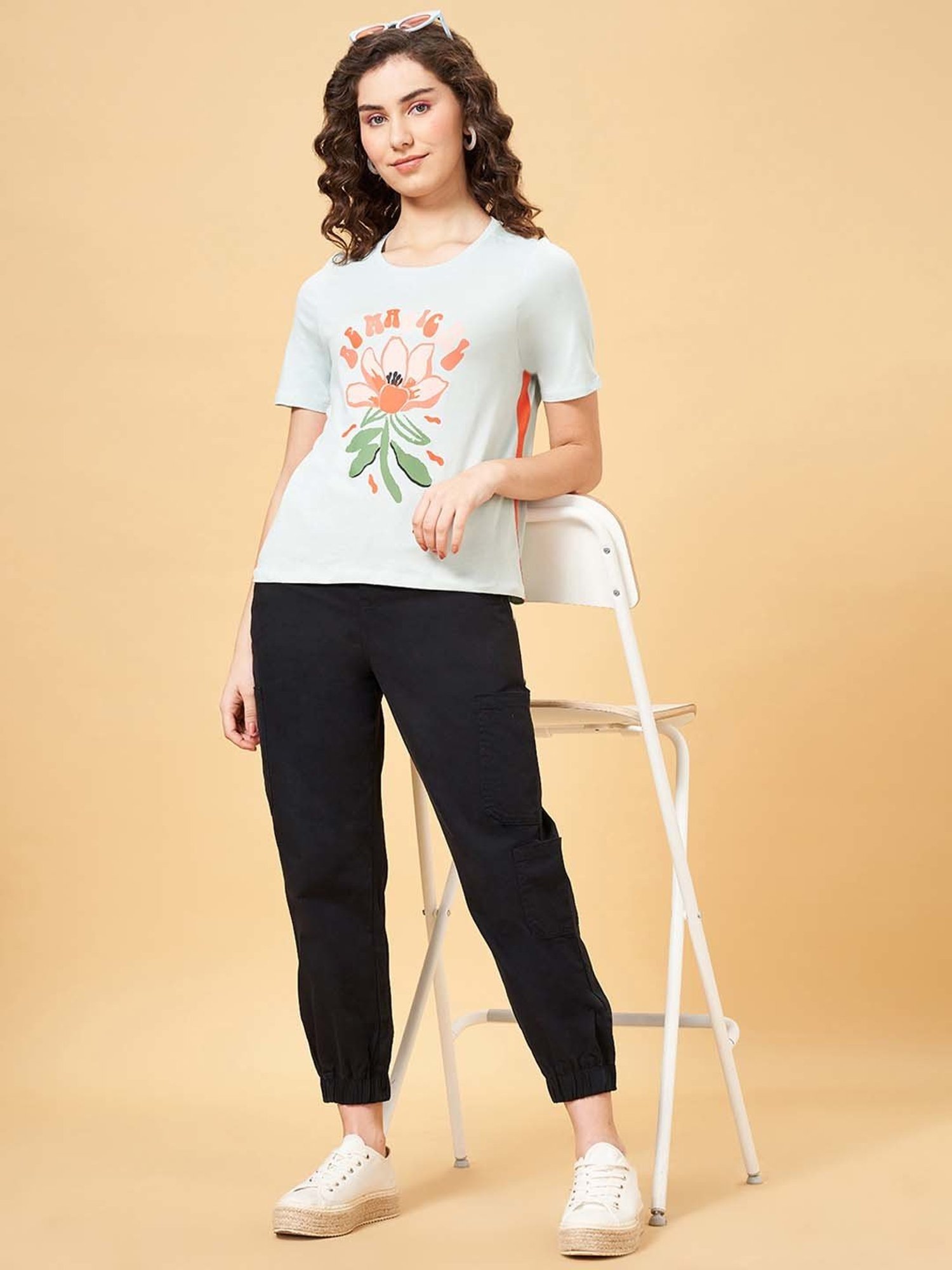 People by Pantaloons Green Cotton Printed T-Shirt