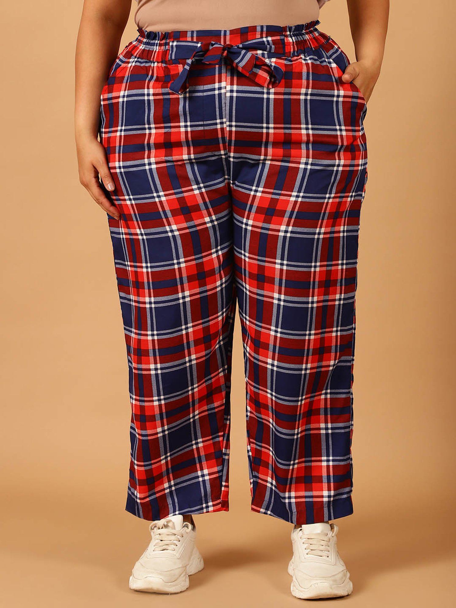 Moms Maternity Red & Blue Check Regular Fit Mid Rise Plus Size Trousers