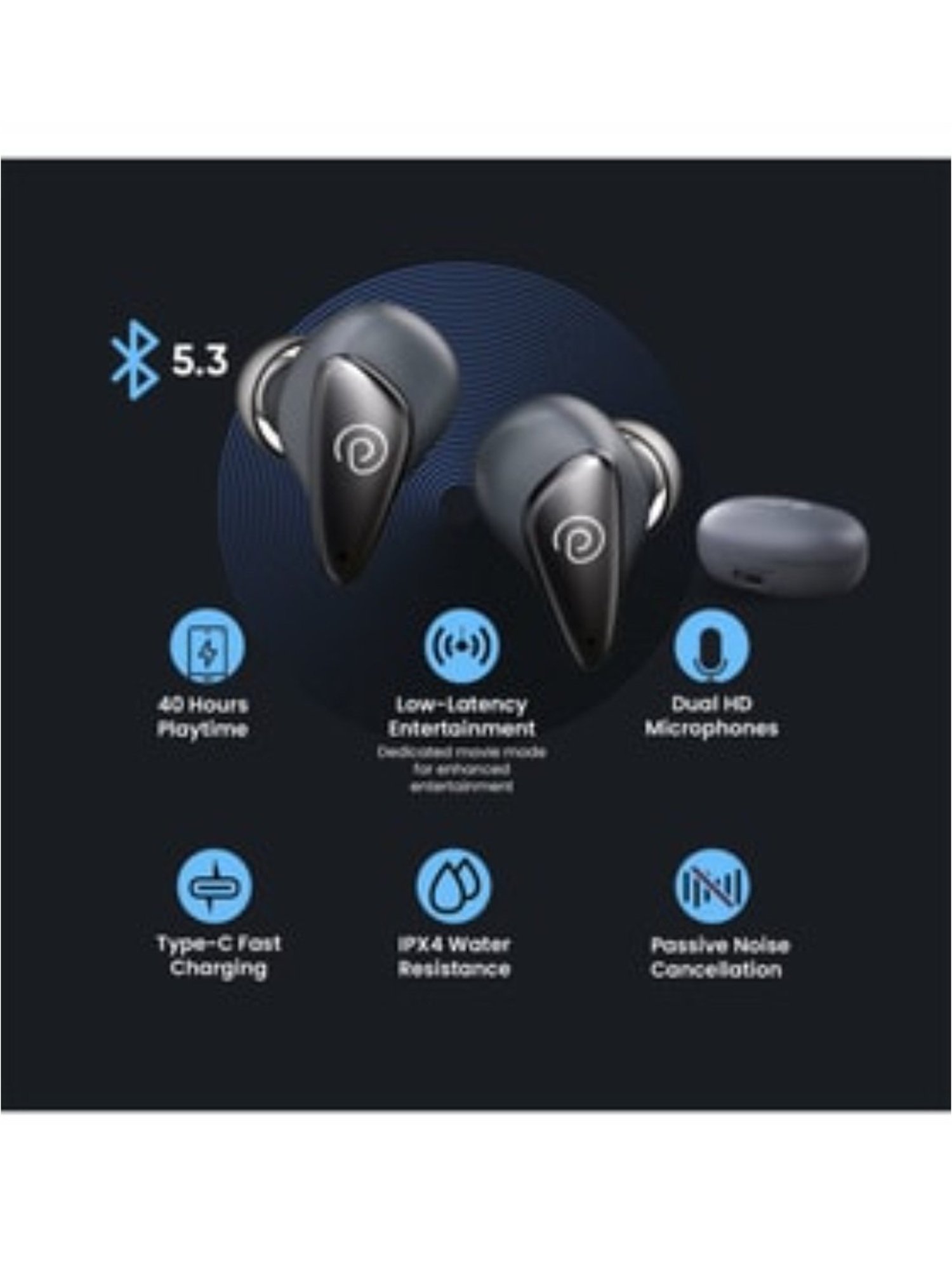 PTron Bassbuds Wave ENC Bluetooth 5.3 Wireless Earbuds with Mic, 40 Hours Total Playtime (Grey)
