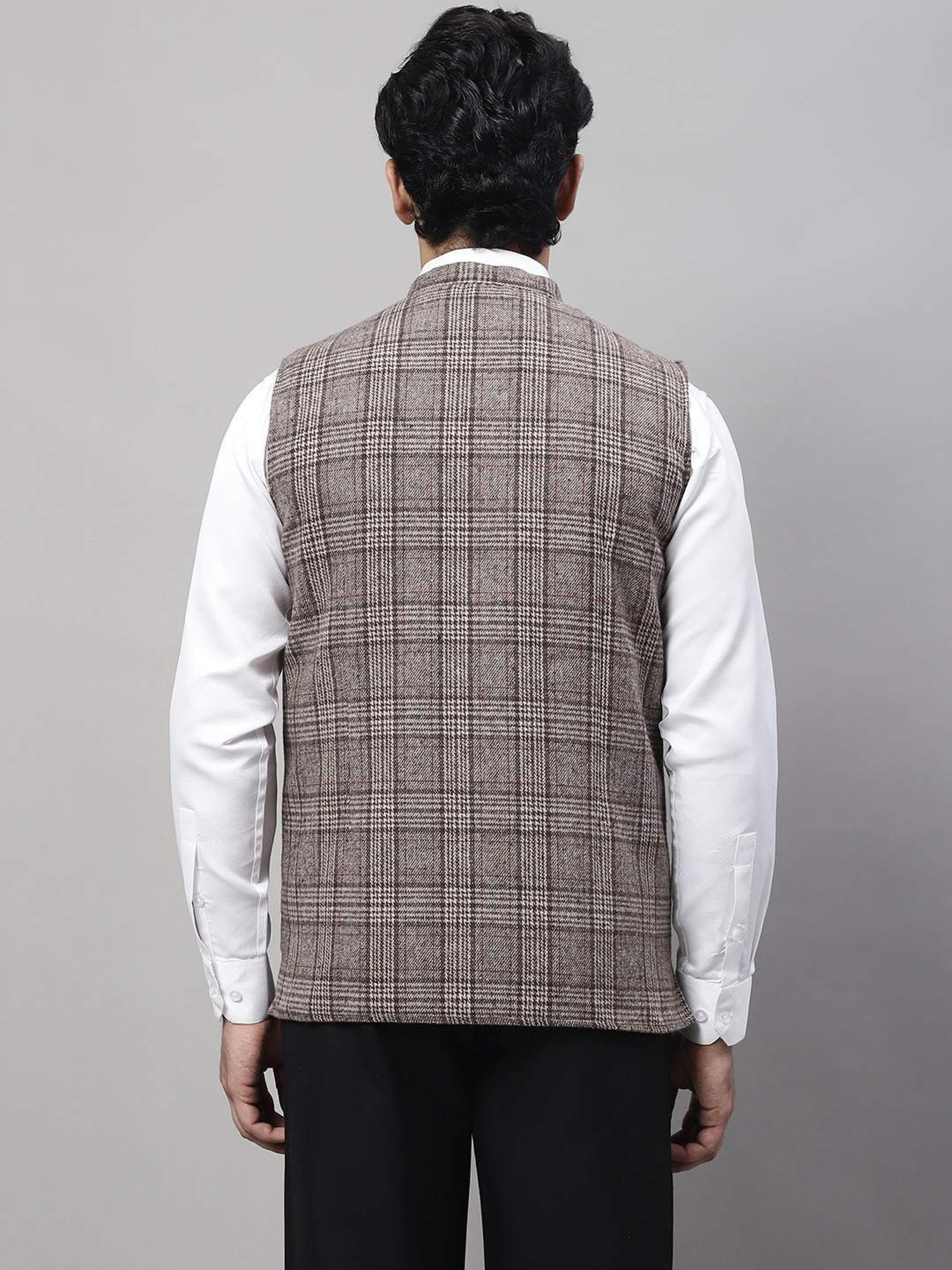 Even Beige Regular Fit Checks Nehru Jacket