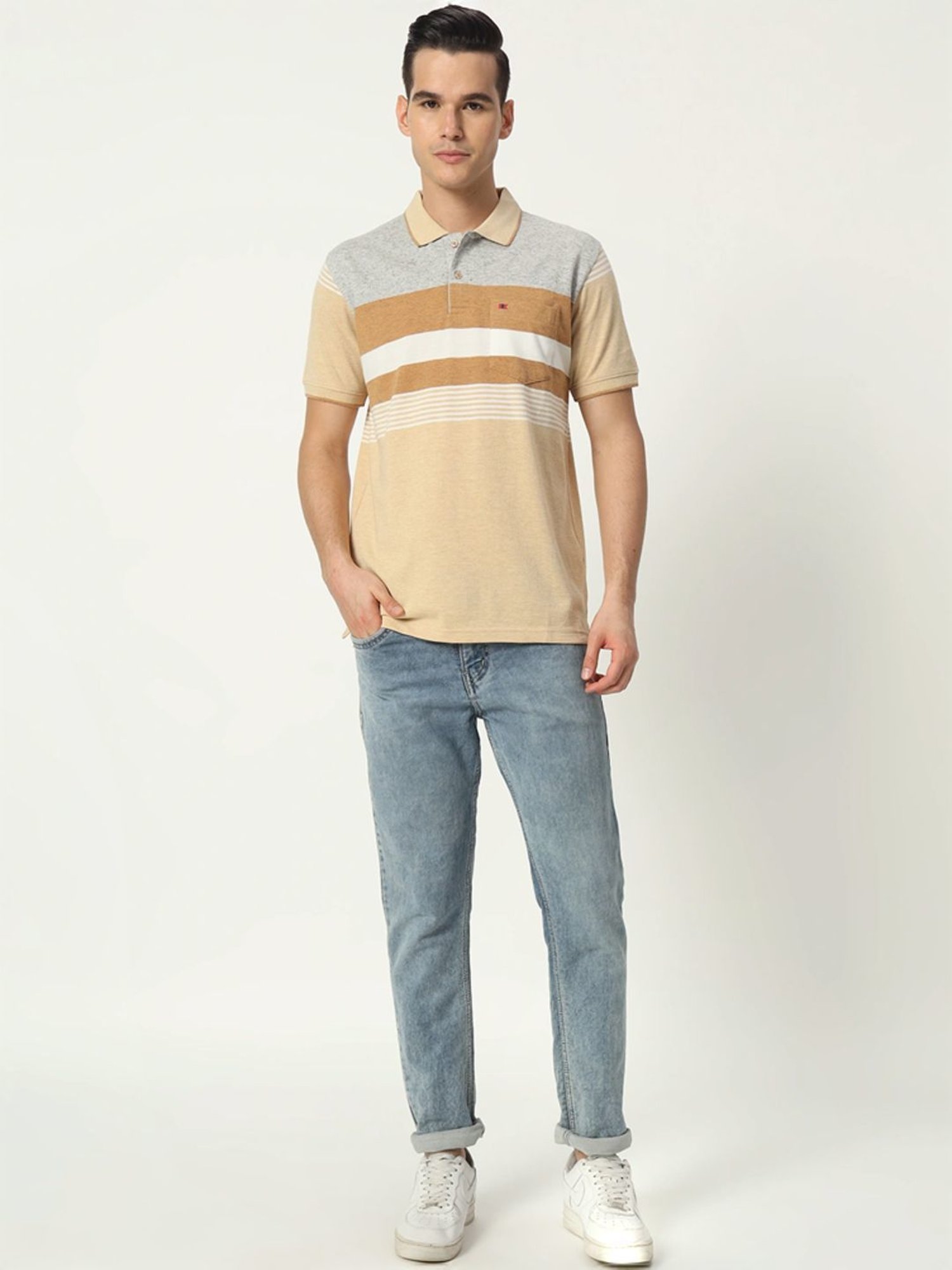 Tab91 Beige Regular Fit Striped Polo T-Shirts