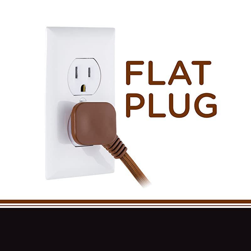 Designer 3-Outlet Extension Cord, 8 Ft Braided Cable, 2-Prong Power Strip, Slide-to-Lock Safety, Low-Profile Flat Plug, Polarized, ETL Listed, 39982-T1, 8 ft, Solid Brown, 8 ft