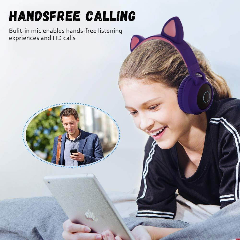 Cute Cat Ear Bluetooth 5.0 Headphones Foldable On-Ear Stereo Wireless Headset with Mic LED Light Support FM Radio/TF Card/Aux in for Smartphones PC Tablet  Pink gray