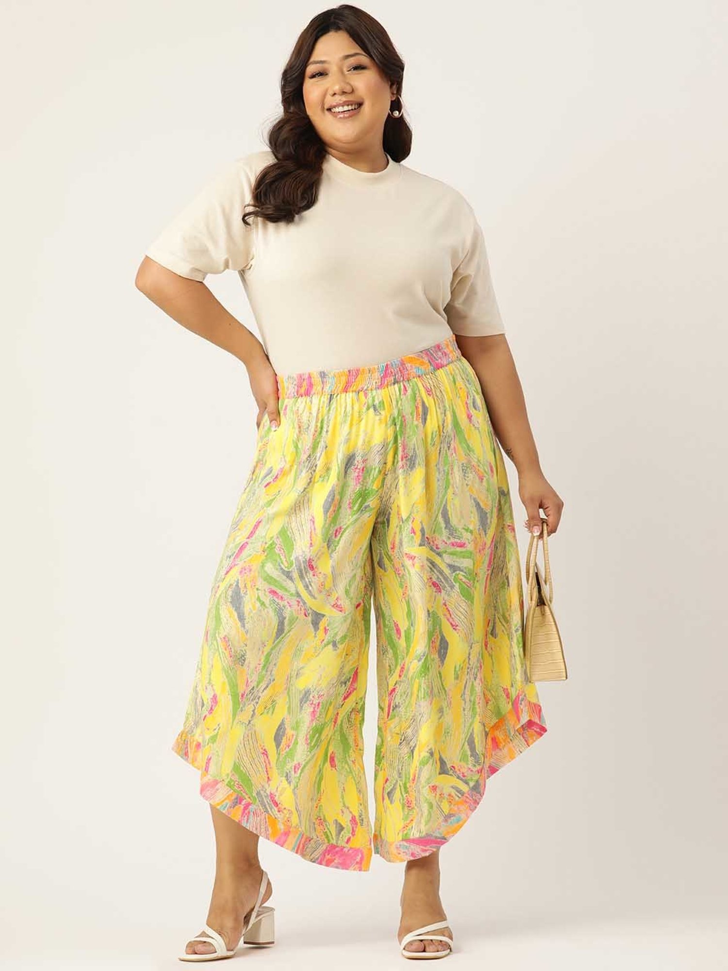 theRebelinme Yellow Printed Relaxed Fit High Rise Plus Size Culottes