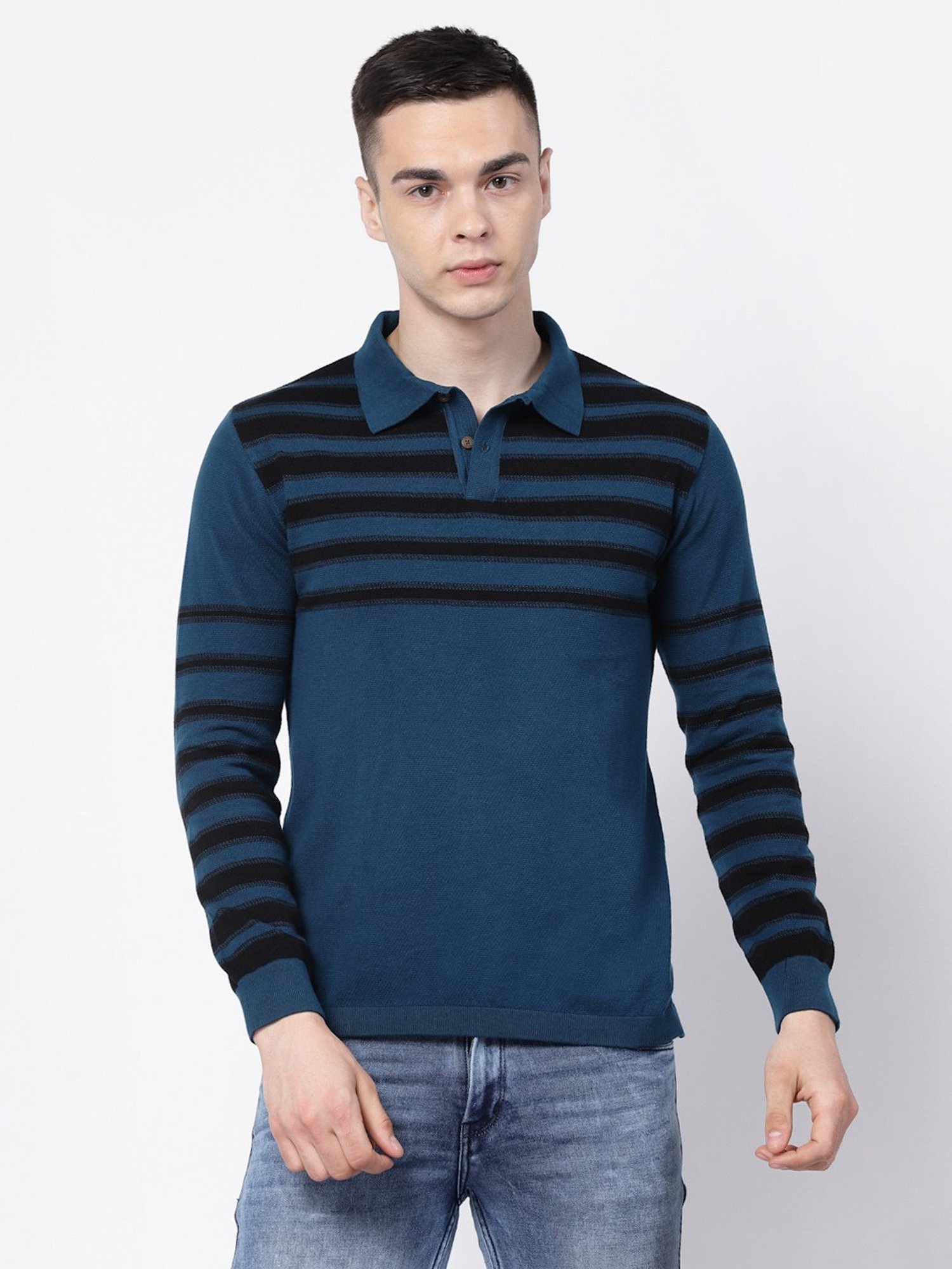 Kalt Teal & Black Regular Fit Striped Polo T-Shirt