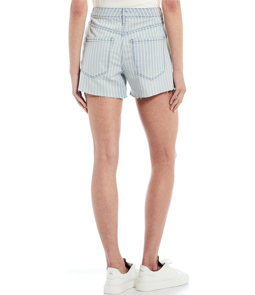 Frayed High Rise Stripe Raw Hem Twill Shorts