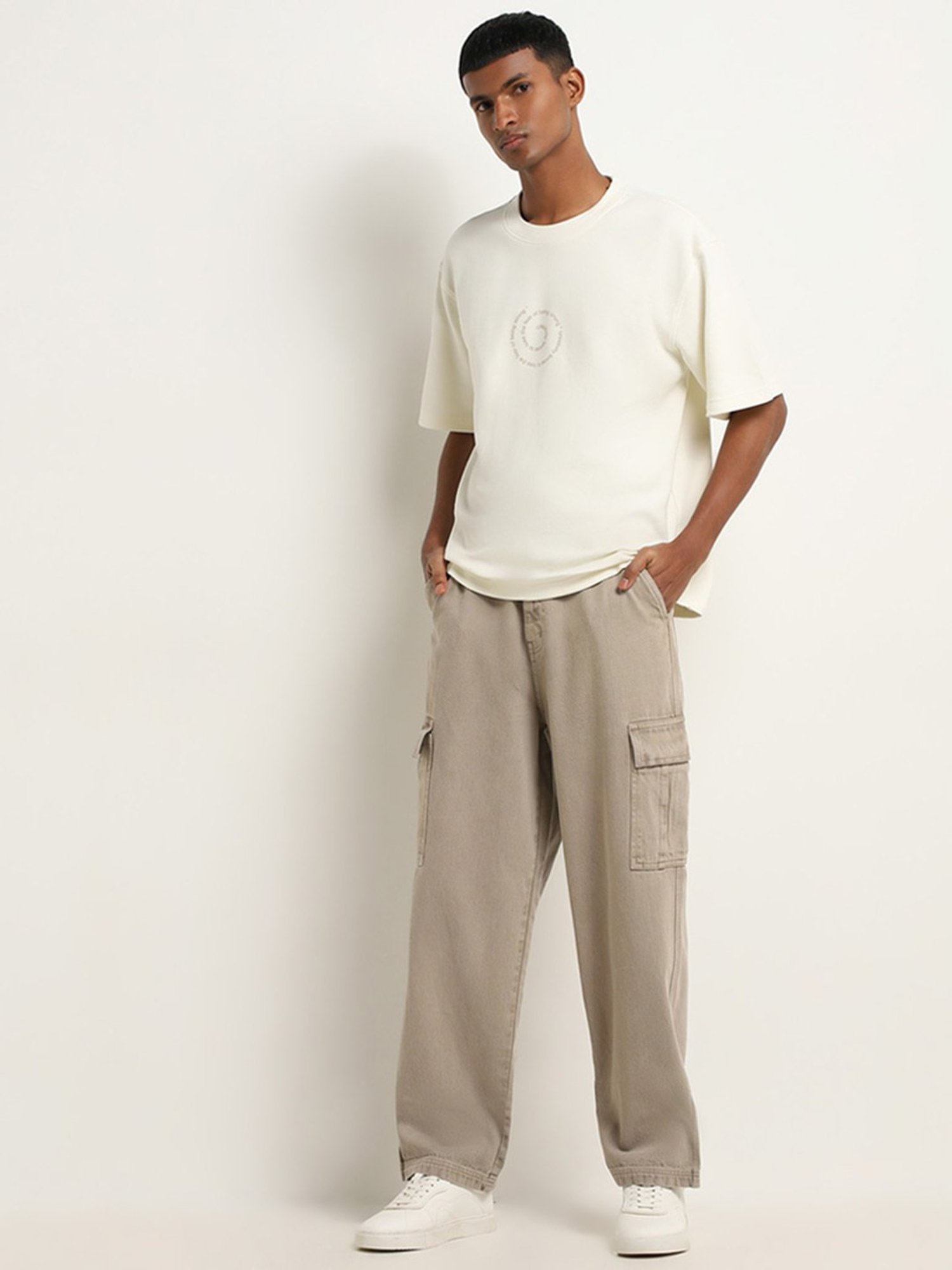 Nuon by Westside Off-White Spiral Text Relaxed-Fit Cotton T-Shirt