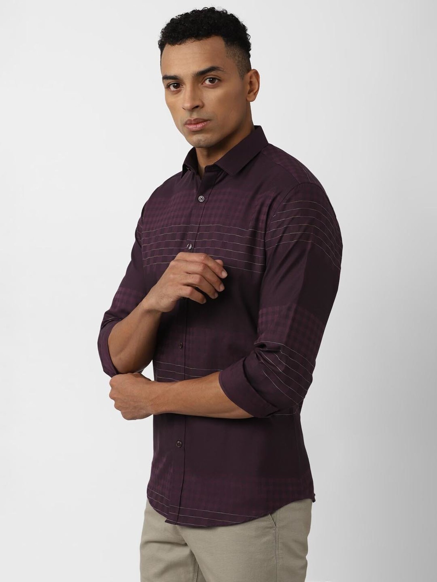 V Dot Maroon Cotton Slim Fit Checks Shirt