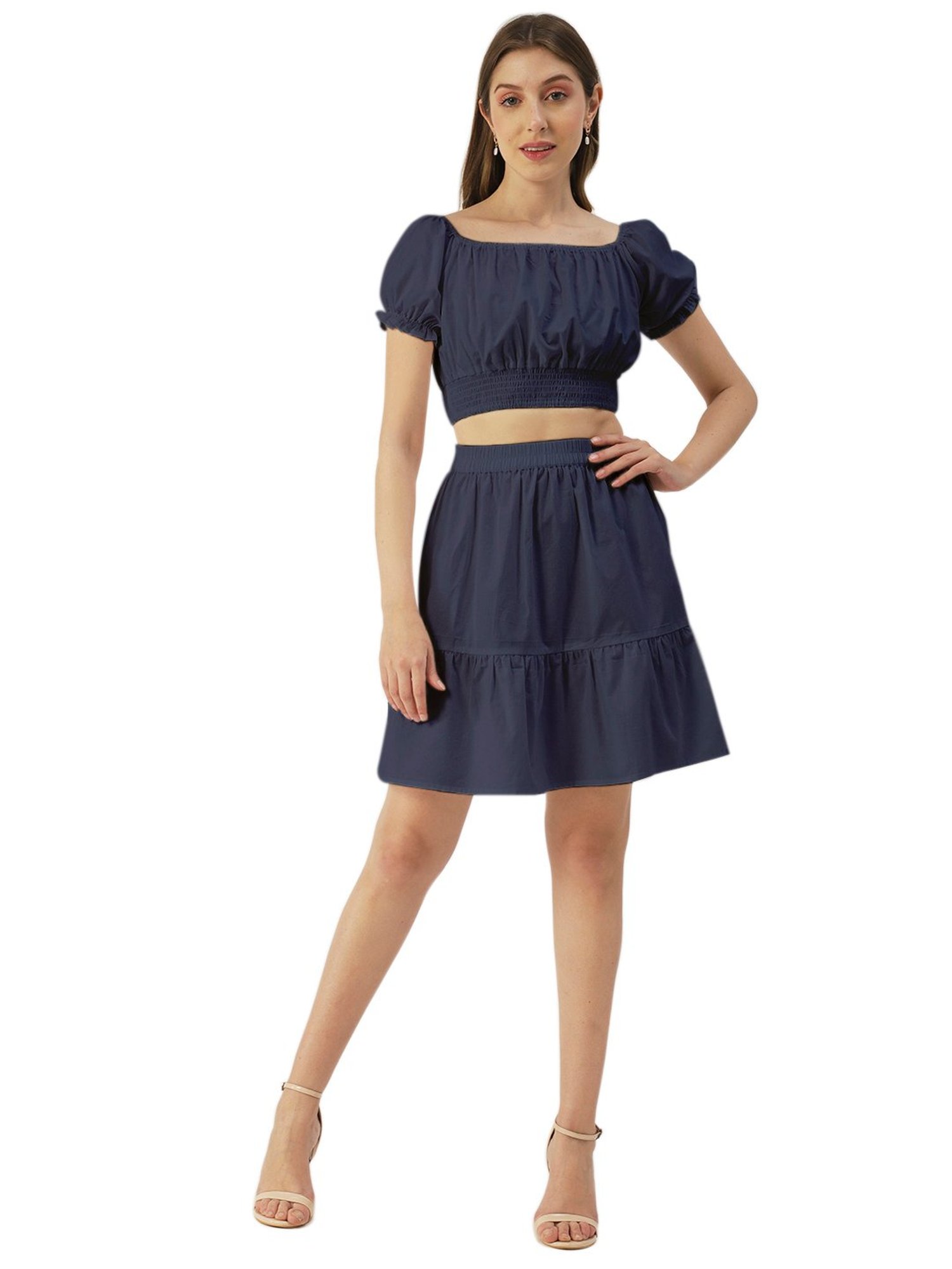 Moomaya Navy Regular Fit Crop Top With Skirt