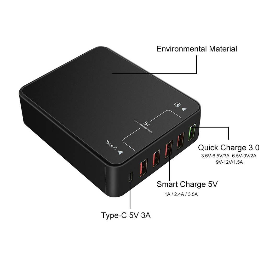 USB Wall Charger with Quick Charge 3.0 and Type-C,53W 6-Port Universal Portable Desktop USB Fast Charger Charging Station For Laptops, Tablets, and Smart Phones and Other USB Enabled Devices