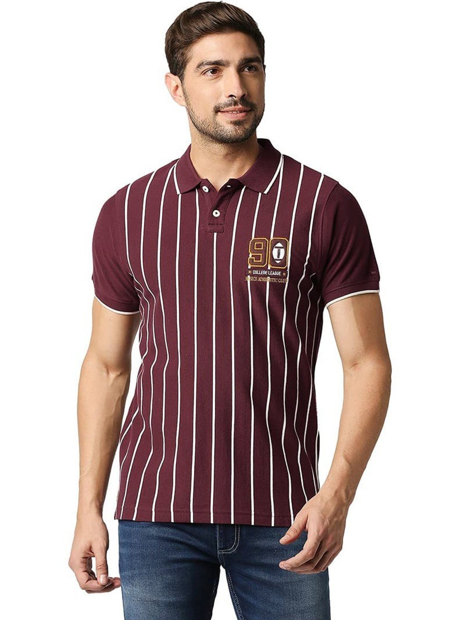 Basics Maroon Banner Cotton Muscle Fit Striped Polo T-Shirt