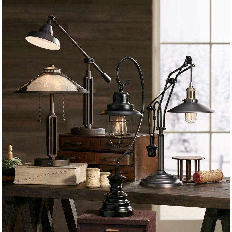 Franklin Iron Works Mission Desk Table Lamp with Hotel Style USB Charging Port Industrial Rubbed Bronze Natural Mica Shade for Bedroom Office